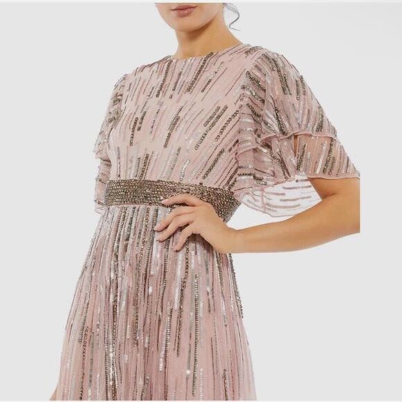 Mac Duggal Blush Sequin Embellished Full Length Layered Sleeve Gown Dress - Picture 6 of 13